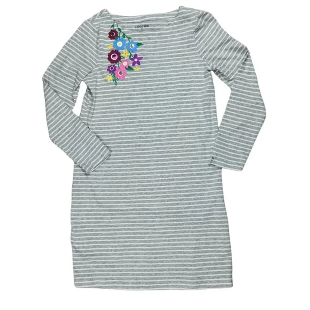 Lands' End Girls Floral Sequin Striped T-shirt Dress, M, Excellent Condition